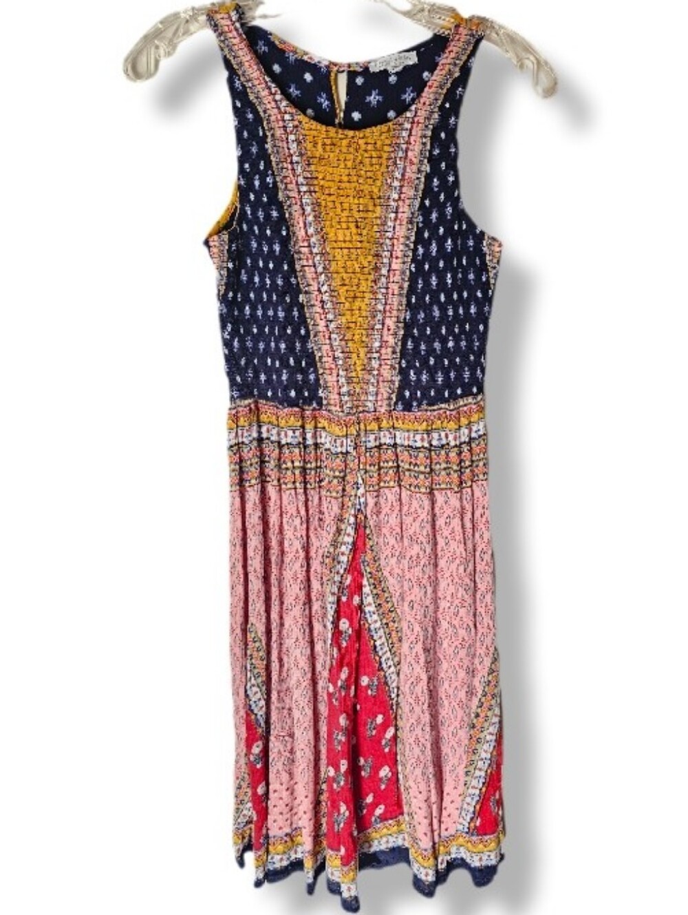 Anthropologie Petite Floral Boho Patchwork Dress Smocked Sleeveless Hippie Indie